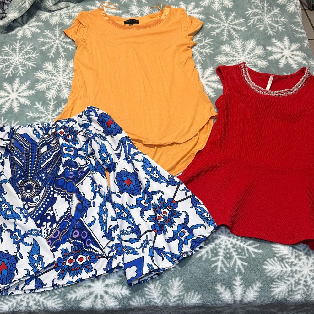 Orange, red and blue/white blouses